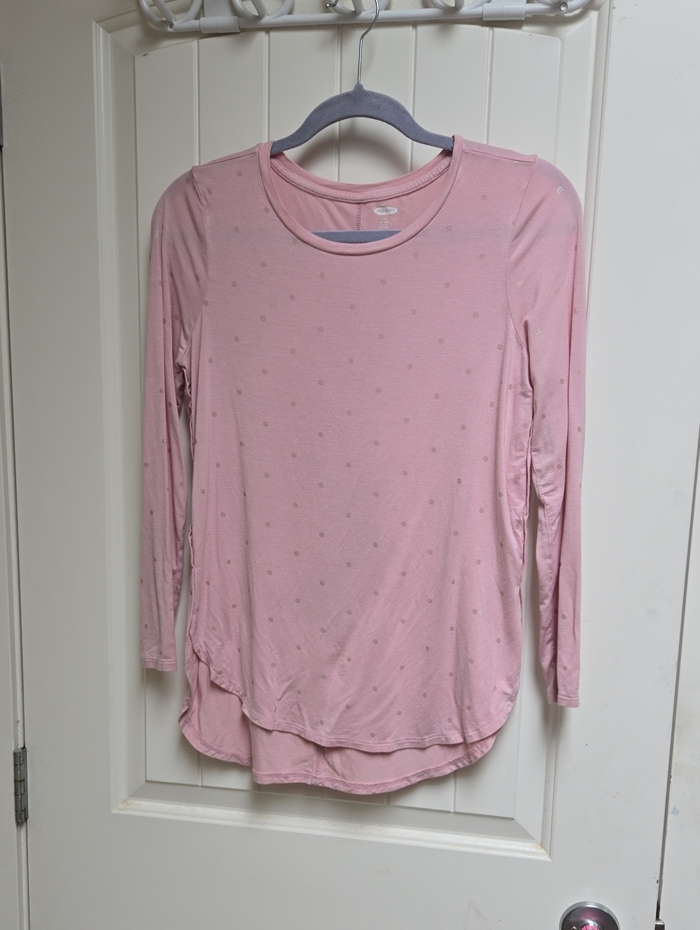 Old Navy Girls Kids XL Light Pink Long-Sleeve Crewneck Top with Dot Print
